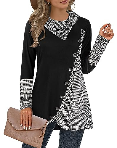 Cestyle Tunic Sweatshirts for Women Ladies Tunics to wear with Leggings Handkerchief Hem Tunics Fall Vintage Sweaters Lightweight Pullover with No Hood Houndstooth Large