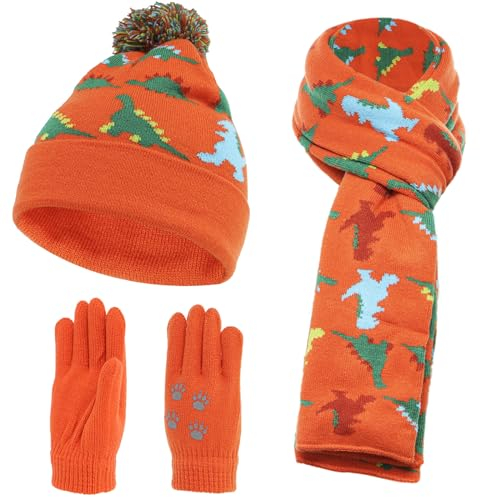 NATUST Mütze Schal Handschuh-Sets für Jungen Dinosaurier Wintermütze mit Bommel Warmer Strickschal Handschuhe Orange