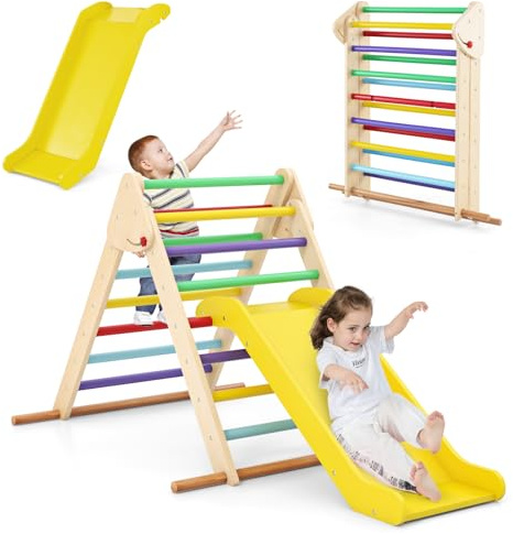 COSTWAY Juego de Triángulo de Escalada para Niños, Triángulo de Escalada Plegable con Rampa Ajustable y Bordes Lisos, Set de Trepa Montessori de Madera para Niños de 1+ Años (Multicolor)