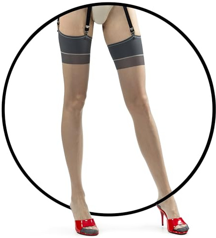 AVIAN LEGS Chic Gray Back Seam Thigh Highs: Vintage-Style Sheer Classic Nylon Stockings with Wide Top Band and Reinforced Toes - (5'3-5'9 / under 154 lbs) One Pair (Garter Belt Not Included)