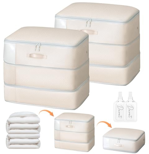 Easortm Comforter Storage Bag - Large Capacity Blanket Storage Bags 3-Layer Ultra Space Saving Self Compression Organizer, Washable Compression Bags for Storage Comforter Blanket, 2-Pack, Beige