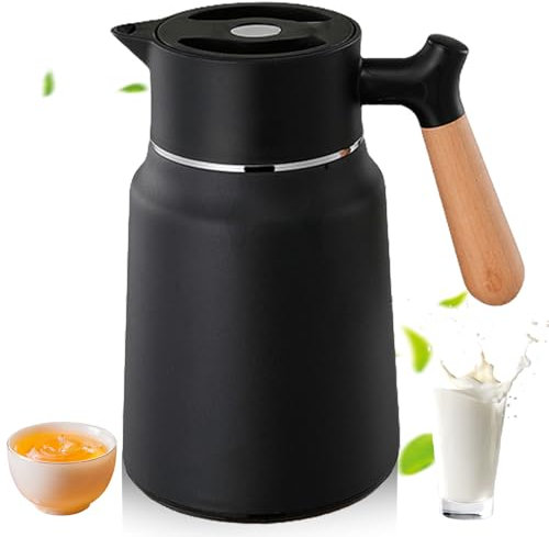 Asfrode Thermoskanne, 1,5L 304 Edelstahl Doppelwandige 12h Hitze / 18h Kälte Vakuumisolierung Isolierkanne mit Holzoptik Griff Kaffeekanne Teekanne für Kaffee Tee Wasser Getränk