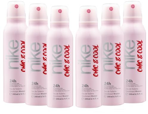 NIKE - Chic & Cool Pack de 6 x 200 ml, Desodorante Mujer Spray, Desodorante Antimanchas para Todo Tipo de Piel, 0% Sales de Aluminio, de Larga Duración, Fragancia Afrutada