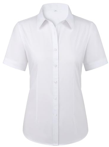 siliteelon Button Down Shirts for Women Wrinkle Free White Collar Short Sleeve Dress Shirts Stain Shield Solid Stretch Slim Fitted Business Button Up Work Server Shirt Tops Blouse