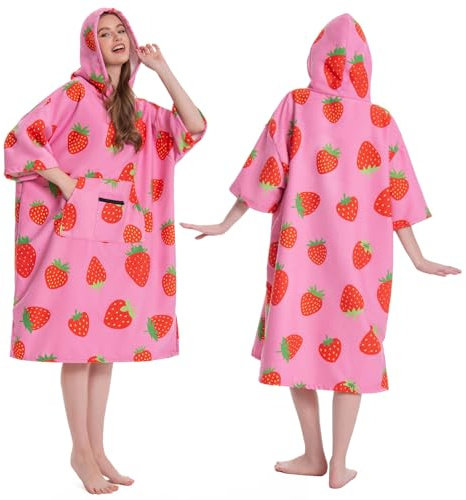 OLAOLA Poncho de Surf pour Adulte, Serviette de Bain avec Capuche et Poche, Peignoir à Langer, Poncho de Plage à Séchage Rapide pour Femmes et Hommes (Fraise)