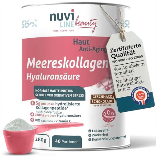 NUVILINE Beauty - Collagène Marin Peau Anti-Âge - Hydrolysé En Poudre - Acide Hyaluronique + Vitamine C BIO - Protection Stress Oxydatif - Premium - France - 280g (45 doses), Chocolat