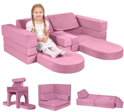 MeMoreCool 10-Pieces Kids Play Sofa, Modular Toddler Chair Couch, Pink | Toddler Couch with Fold Out Foam Design, Convertible Sectional Playset For Girls Boys Bedroom Playroom