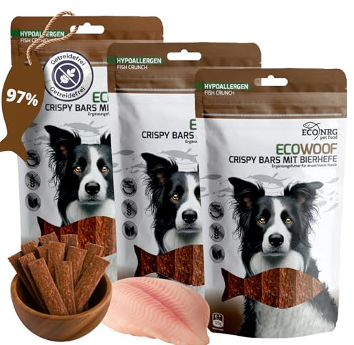 Eco Woof Crispy Bars | Snacks para Perros Naturales | 3 x 125 g | 97% Siluro con levadura de Cerveza | Sin Cereales | Premios para Perros hipoalergénico | Entrenamiento | Cuidado Dental Natural