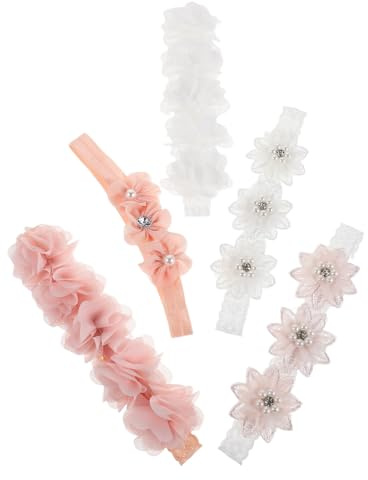 Warmhm 5 Pezzi Fasce per Chioma Neonata Elastiche Fiocchi Floreali e Perle Fascia Regolabile Morbida per Bambine Accessori Cerchietti per Chioma per Feste e Uso Quotidiano
