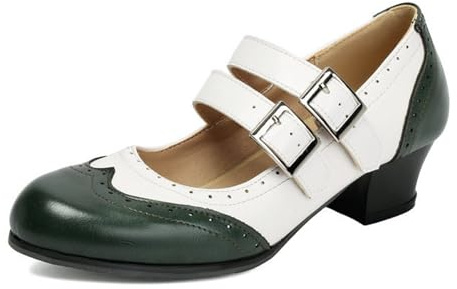 Mary Jane klänning klackar elegant tvåfärgad brogue blockklack rund tå för fest kontor PU