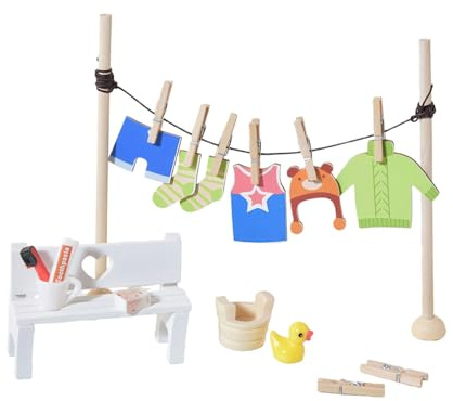 VRTEJPL Wooden Clothesline Pretend Play Toy 25PCS for Kids Imaginative Role Playing Game Family Bonding Activity Scene Props Children Roleplay Game Washing Set