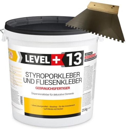 Level Plus 13 frigolitlim 25 kg tandspatel 4 mm, korklim, dispersionslim för dekorativa element och frigolitset RM13