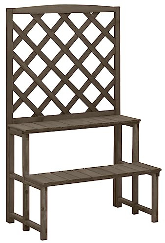 Kaloriko Escalera de flores con enrejado gris de madera de abeto maciza, 70 x 42 x 115 cm, estantería para plantas de varios niveles para balcón, terraza, jardín con espacio para flores, hierbas