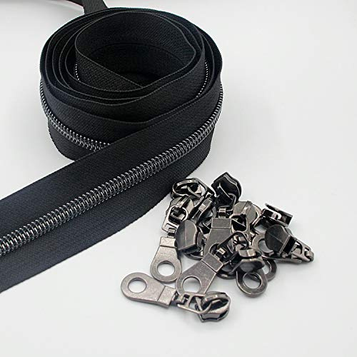 #5 Black Nickel Metallic Nylon Coil Teeth Zippers by The Yard Bulk 10 Yards Zipper Tape with 25pcs Black Nickel Sliders for DIY Sewing Tailor Craft Bag Leekayer