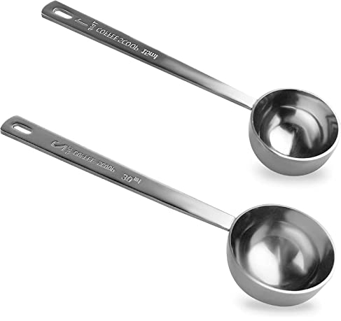 2 Pack Coffee Scoop, Tablespoon measure spoon contains 1 tablespoon (15ml) and 2 tablespoons (30ml), Stainless steel long handle coffee spoon silver
