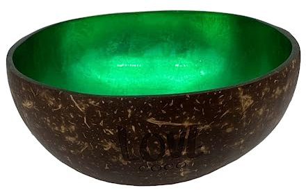 Love Coco - Large Vintage Green Coconut Bowl, Natural Coconut Acai Bowl for Fruits, Nuts, Smoothies, Cereal, Salad & Decorative Purposes, with Food-Safe Lacquer Inside