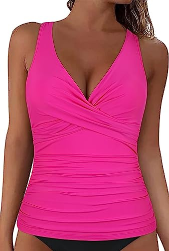Mycoco V Neck Push Up Underwire Tankini Tops for Women Tummy Control Swim Tops Slimming Swimsuit Tops Hot Pink
