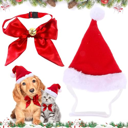 2 Pièces bonnet pour chien chat, costume chien noel,deguisement pour chat,Costume de Noël pour animal domestique, Avec l'arc et la cloche, Bonnet de Noël pour chiens de petite,moyenne et grande taille