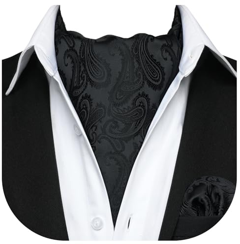 HISDERN Ascot Homme Noir et Mouchoir Mariage Cravate Ascots à Motif Cachemire Élégant Foulard Soie pour Hommes et Carré de Poche