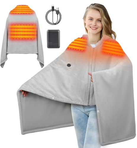 Moteoza Kabellos USB Heizdecke mit Akku Outdoor Camping Schnurlose Wearable Elektrische Heizdecke, 3 Heizstufen Wärmekissen für Rücken, Nacken Schulter, Flanell waschbar (Grau A)