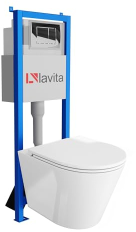 Lavita LAV 101 Elementi a parete per WC 40cm + WC sospeso a parete a fondo profondo GALVE Bianco senza brida + Piastra di comando LAV 200.1.2 Cromato | Set completo | Cassetta di scarico a incasso |