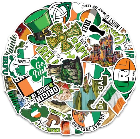 MONIZY Ireland Travel Stickers 50 Pieces Vinyl Waterproof Decal for Laptop Water Bottle Phone Car Window Bike Motorcycle Stakeboard Scrapbook Irish Sticker Gifts