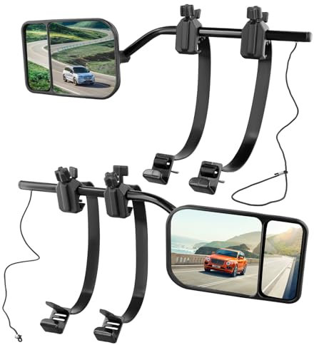 Convex Caravan Towing Mirrors, Dual Caravan Mirrors for Wing Mirror Blindspot, Universal Adjustable Towing Mirror Extensions with Clamps & Rubber Straps for Motorhome SUV RV Vans Trucks, One Pair