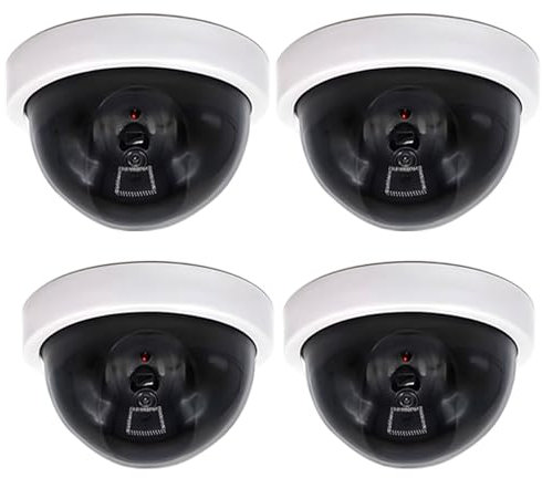 Trimming Shop Paquete de 4 cámaras CCTV simuladas con luz LED intermitente realista, cámaras CCTV de señuelo de seguridad falsas para vigilancia no funcional en exteriores/interiores para el hogar,