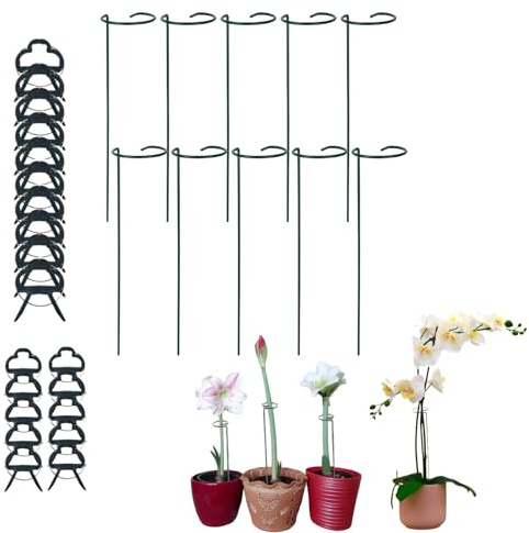 10 Pièces Anneau de Support de Plantes de Jardin Grimpantes et Fleurs, Tuteurs Plante de Métal avec 20 Pinces, Piquets de Soutien pour Tomates Roses Pivoines Légumes (45cm)