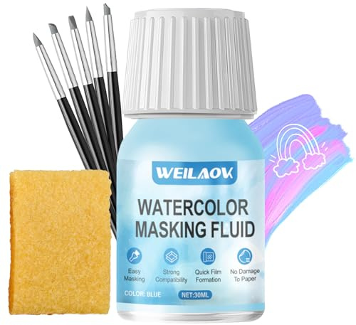 Masking Fluid for Watercolour Painting, Masking Fluid, Liquid Masking Fluid, Masking Fluid Include 5 Masking Fluid Pen, Liquid Masking Tape, Keeps Areas Free of Colour and Edges Crisp, Blue - 30ml