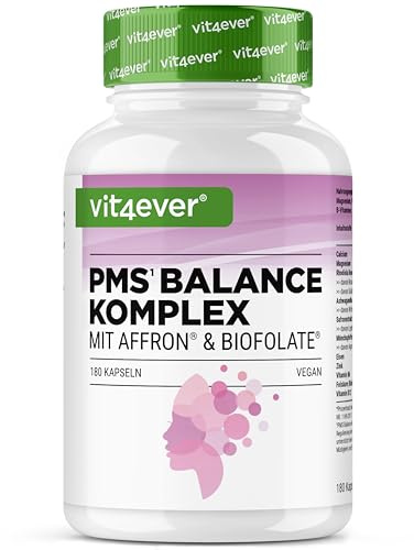 Complejo PMS – 180 cápsulas veganas – con extracto de azafrán Affron®, ácido fólico Biofolate®, sauzgatillo, ashwagandha – Rhodiola rosea, calcio, magnesio, hierro, zinc, vitamina B6 y B1