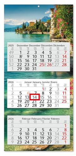 Timr calendrier 3 mois 2026 – calendrier mural 3 mois avec curseur – calendrier trimestriel 70 cm multilingue DE GB FR ES | Motif Italie lac | tr329
