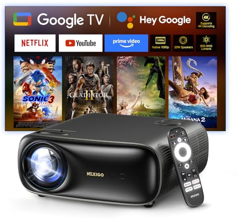 NexiGo PJ40 Pro Google TV Projector, Native 1080p, 4K Support, AI Image Enhancement, 800 ANSI Lumens, Smart Projector with Auto Keystone, 20 W Speakers, Backlit Remote, Wi-Fi & Bluetooth