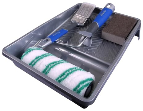 Mäster Roller- und Pinselset Interieur für Innenanstriche – Serie Superior – Komplett-Set mit 180 mm Medtex-Rolle, 50 mm Winkelpinsel, Schleifklotz, Bügel und Farbwanne – Streichen von Wänden und Holz
