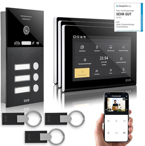 GVS - IP Video Türsprechanlage 3 Familienhaus mit Türöffner (RFID), HD Kamera, 3X 7 Zoll Monitor & App - Smarte Video Türklingel mit Kamera & Gegensprechanlage (AVS4291U)