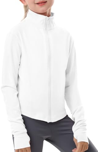 Gihuo Girls Zip Up Workout Jacket Lightweight Athletic Horse Riding Jackets Cropped Gym Yoga Track Shirts with Thumb Holes(White-9-10Y)
