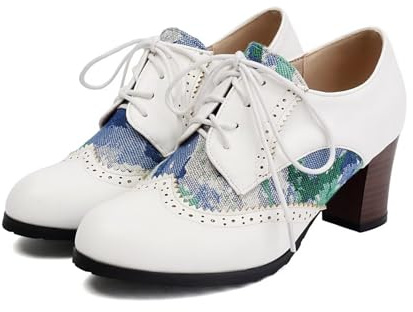Kekonaca Women's Wingtip Oxfords Print Mary Jane Round Toe Lace Up Brogues Classic Chunky Low Heels Vintage Pumps Comfortable Ladies Fashion Office Derby Dress Shoes(White, US Size 11)