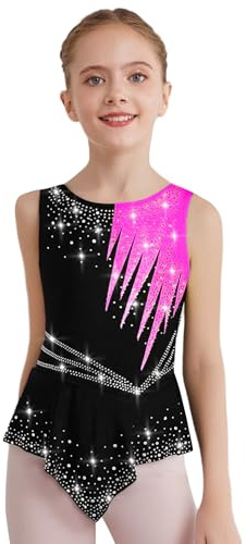 Alvivi Vestido de Patinaje Artístico para Niña Maillot Gimnasia Rítmica de sin Mangas con Pedrería Brillante Maillot de Danza Clásica Disfraz Bailarina 5-16 Años Rosa Caliente 7-8 años