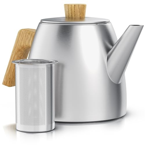 Arendo - Teekanne Edelstahl mit Siebeinsatz – 1000 ml - mit Griffen aus Holz – Teekanne thermo doppelwandig - Silber