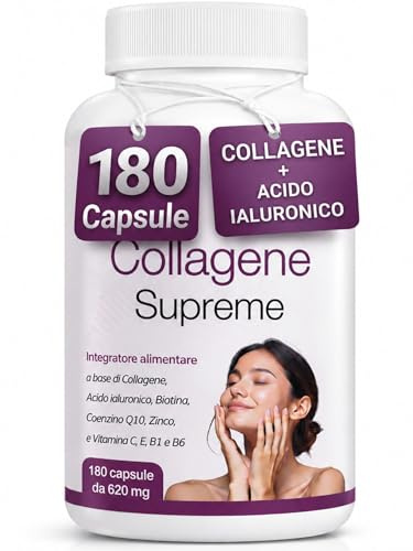 Collagene idrolizzato - Collagene e Acido ialuronico con Biotina Vitamina C e Q10 | Integratore Anti Age per Pelle Capelli Unghie e Articolazioni | Alta Concentrazione | 180 Capsule