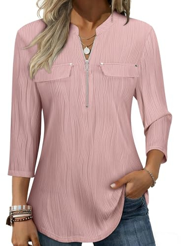 Gemulate Womens Tops Ladies Blouses 3/4 Sleeve Half Zip Tunic Pink