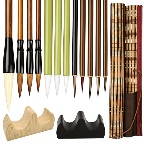 Dexpally Set di 14 Pezzi Pennelli per Calligrafia Cinese, per Calligrafia, Pennelli Sumi, con Custodia in Bambù e 2 Portapennelli, per Principianti, Studenti e Artisti