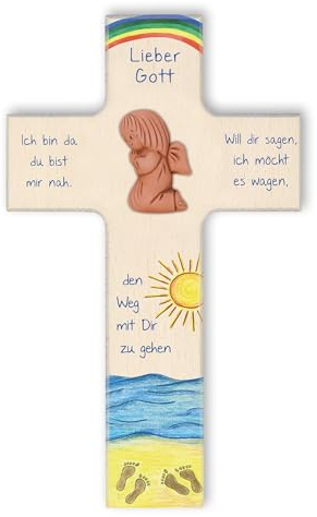 Fritz Cox® Taufkreuz 'Ich Bin da du bist Mir nah' Kinder-Holz-Kreuz mit Engel 20cm (Tonengel)