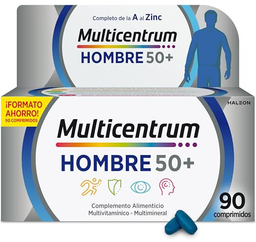 Multicentrum Hombre 50+ Complemento Alimenticio Multivitamínico y Multimineral Para Hombres 50+, Con Magnesio y Vitamina C, Sin Gluten, 90 Comprimidos