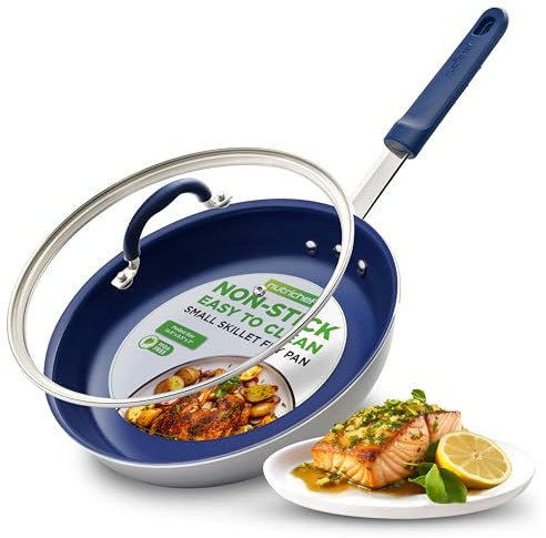 Nutrichef 8 Fry Pan with Lid - Small Skillet Nonstick Frying Pan with Lid, Silicone Handle, Ceramic Coating, Blue Silicone Handle, Stain-Resistant and Easy to Clean, Professional Home Cookware