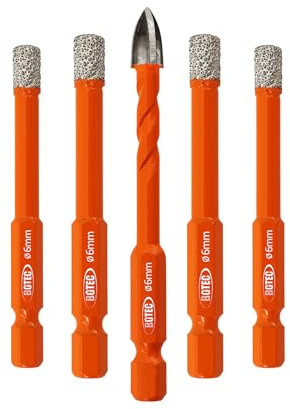 BGTEC Set Punte Diamantate per Piastrelle e Materiali Duri - 4 pezzi Punte Diamantate da 6 mm + 1 Punta in Carburo da 6 mm per Granito, Marmo, Ceramica, Porcellana - Codici esagonali a cambio rapido