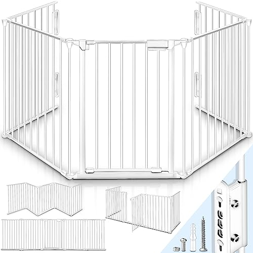 KIDUKU® Barrera de Seguridad 300 cm para Niños y Mascotas | Reja de Protección de Metal - Premontado | Rejilla Protectora Metálica Plegable con Puerta | 5 Paneles