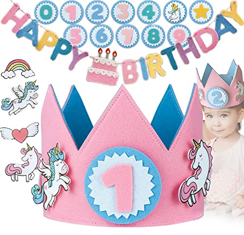 Zeaying 18 Stück Geburtstagskrone Einhorn, Geburtstagskrone Kinder Personalisiert, Geburtstagskrone Kinder Krone für mit Auswechselbaren Zahlen von 0-9, Geburtstagskrone mit Happy Birthday Banner