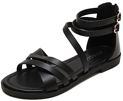 AUXDIQ Sandalias planas con tiras para mujer Sandalias con tiras en el tobillo Sandalias romanas de verano de tacón bajo ajustables Negro 38 EU