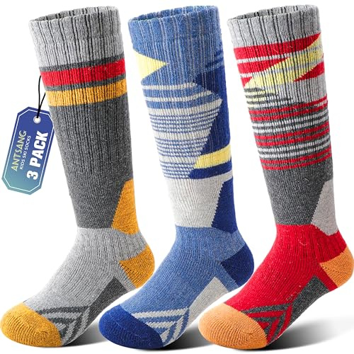 ANTSANG 3 Paires Chaussettes Ski Laine Mérinos Enfants Garçons Filles Chaudes Hiver Épaisses Rembourrées pour Snowboard Ski